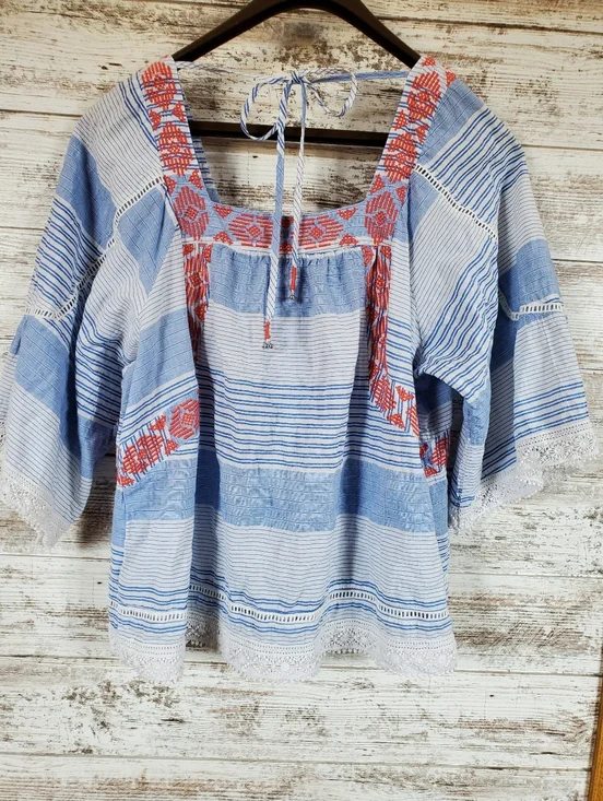 Democracy Blue Striped Boho Peasant Top with Red Embroidery and Lace Trim - Picture 3 of 14